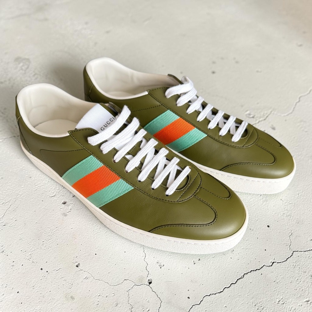 Gucci G74 Leather Sneakers Web Stripe Olive Green Blue Orange 858981 Men's UK 9